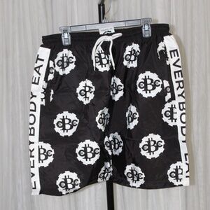 Everybody Eats Black swimming trunks splashed with all-over EBE logo